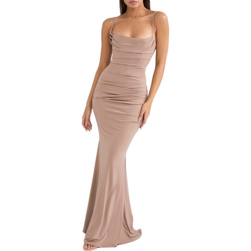 House of CB Milena Jersey Corset Ruched Almond Beige Flared Hem Maxi Dress XS